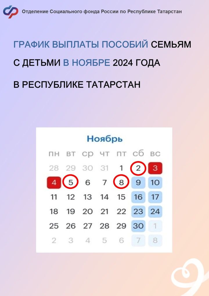 В ноябре 2024 года в Татарстане некоторые даты перечисления детских пособий попадают на выходные дни